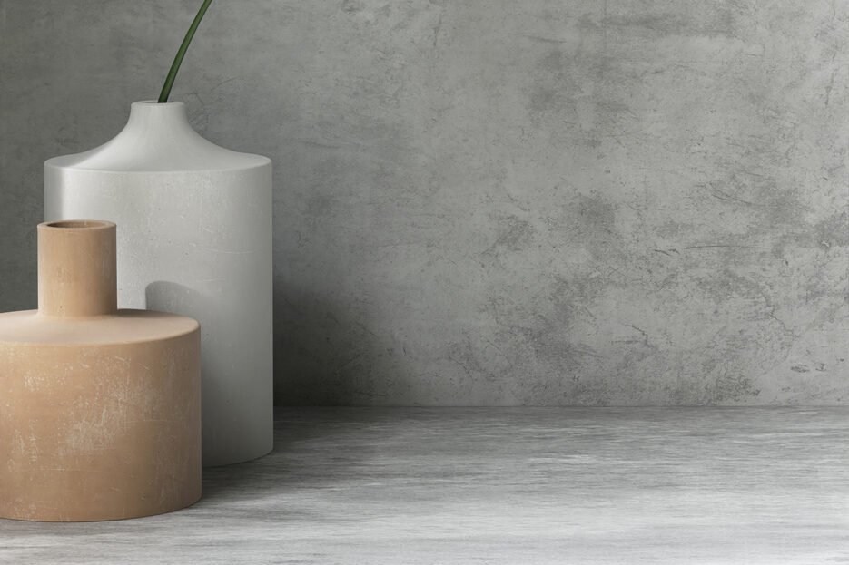 Modern, minimal empty gray polished cement concrete counter table in dappled sunlight, shadow on wall for luxury organic fashion, beauty, cosmetic, skincare, body care product display background 3D Wallpaper